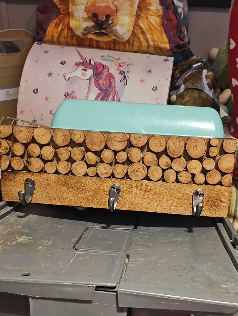 Mint and Wood Wall Hook Rack with Rustic Log Design